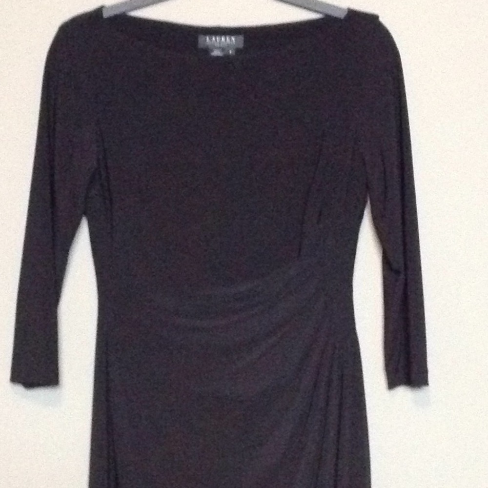 3/4 sleeve black dress with front gather